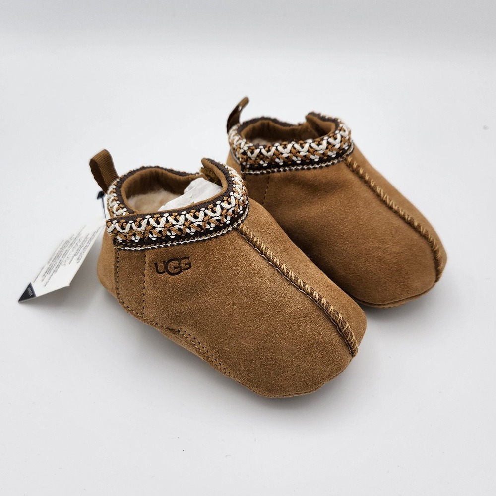 NWT NWOB UGG Baby Tasman Booties Slippers Chestnut Suede Plush Size 3